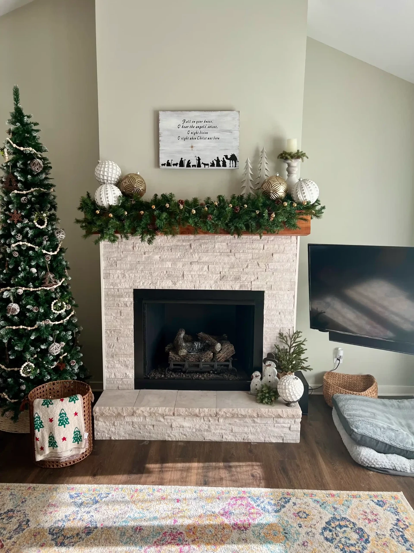 Modern brick fireplace with floating mantel and holiday decor