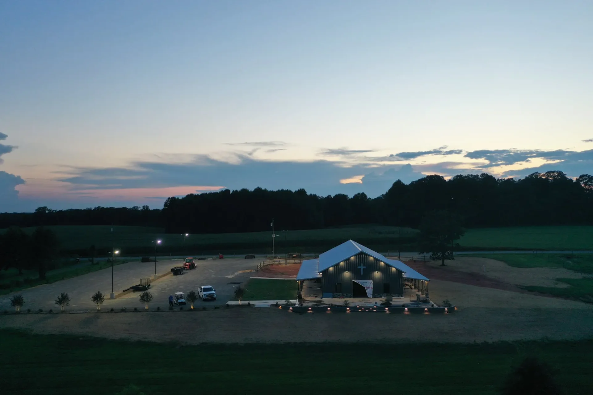 Twilight aerial view of the barn venue